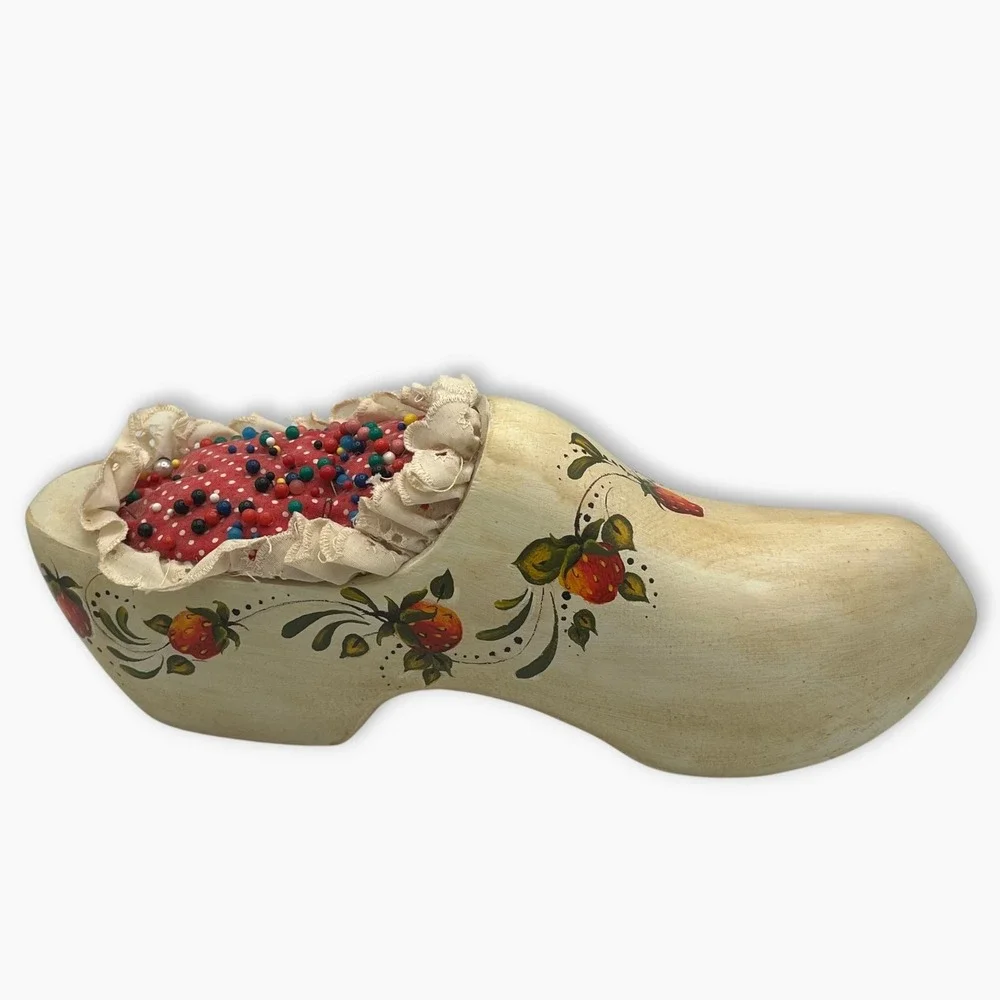 Vintage Hand Painted Wooden Dutch Clog Pin Cushion Strawberry Folk Art Cream